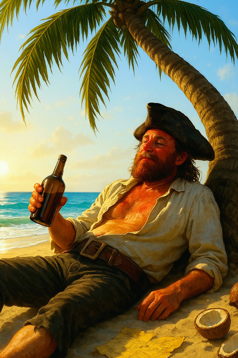 Drunk pirate laying on a beach under a palm tree