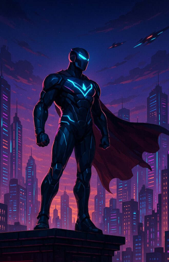 Futuristic fantasy superhero with city skyline in the background
